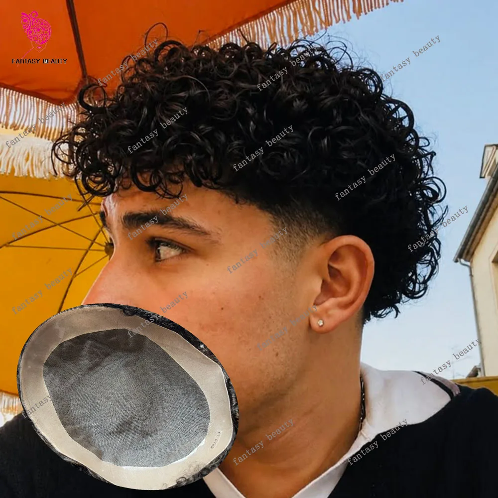 Afro Jet Black Men's 15mm Curly Hair Capillary Prosthetic Cheap Durable Fine Mono Mesh 8mm 12mm Tight Curly Hair Replacement Wig
