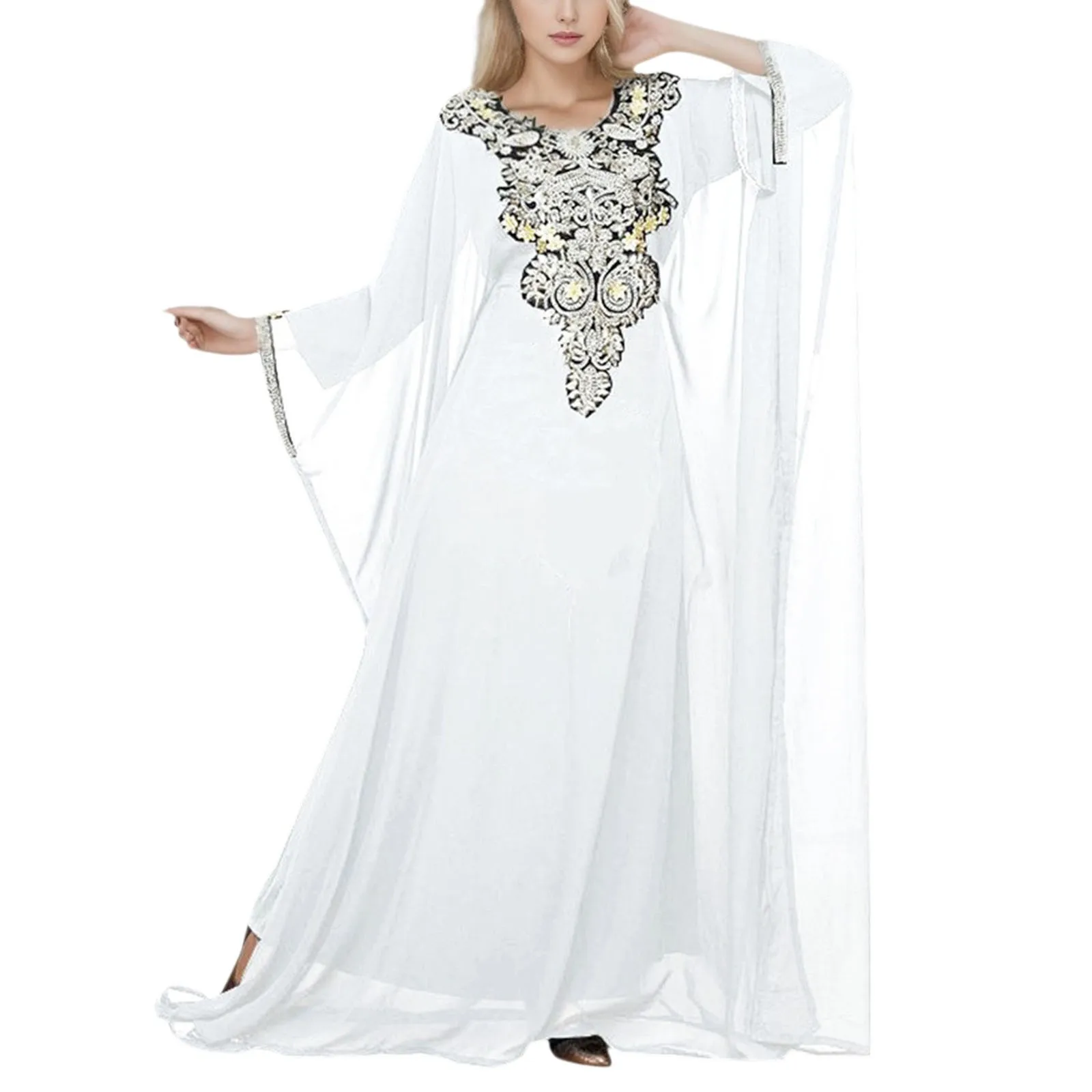 

Muslim Dresses Ethnic Feature Embroidery Patchwork Fashion Vintage Dresses Women's Solid Colour Casual Loose Long Sleeve Dress