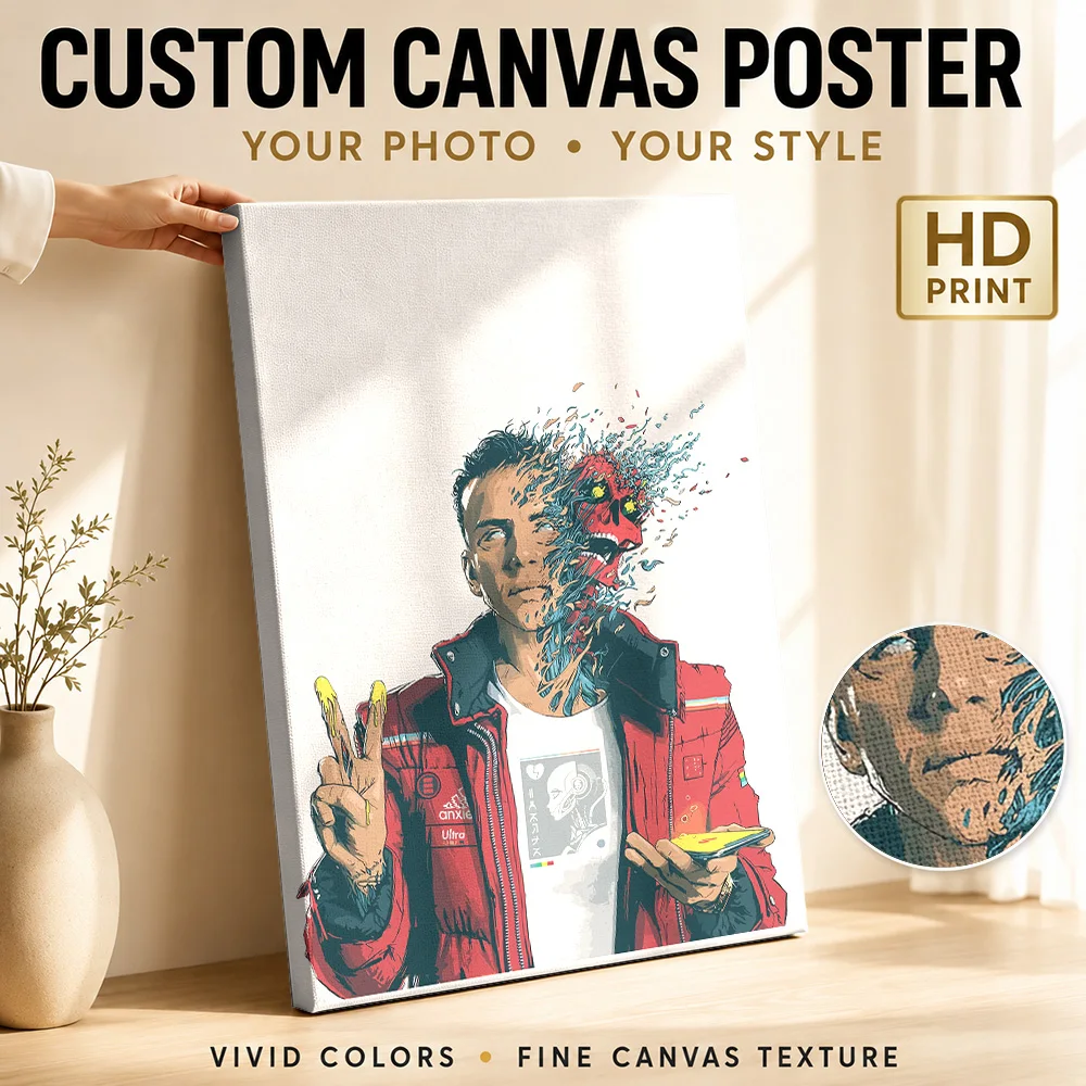 Man Dissolving Into Pixels Canvas Poster Personalized Photo Illustrated Wall Art For Creative Studio, Portrait Collector Gift