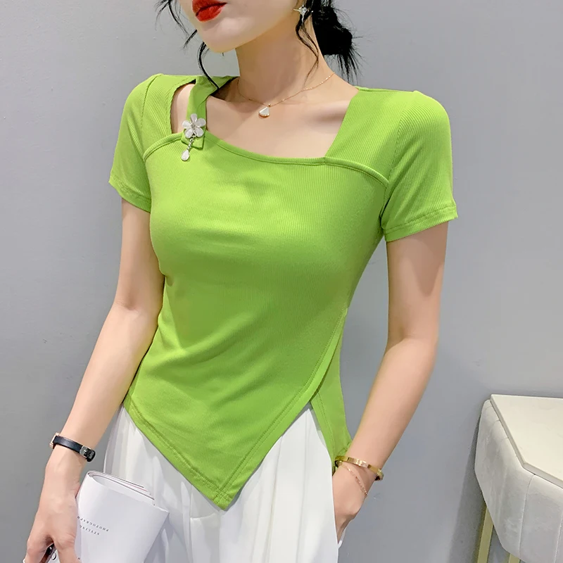 2023 New Summer European Clothes Cotton T-Shirt Women's Chic Sexy Square Neck Hollow Out Irregular Tops Short Sleeve Tees 35004