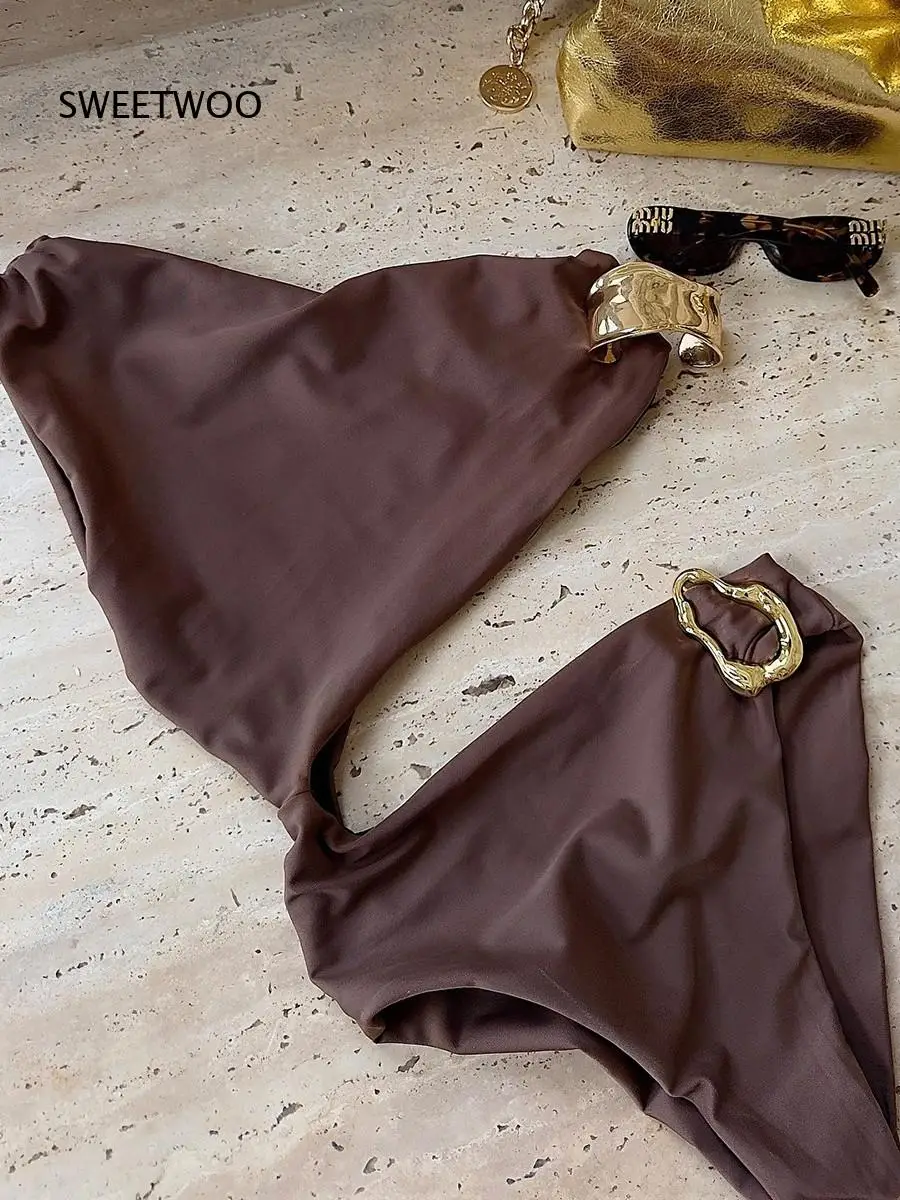 Women One Piece Swimsuit One Shoulder Cutout High Waist Bathing Suit With Metal Decor Swimwear For Beach Pool Summer