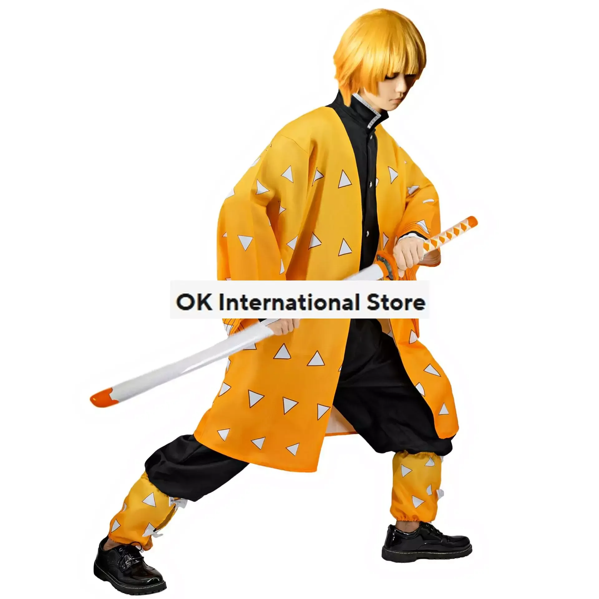 Demon Slayer Agatsuma Zenitsu Cosplay Costume Anime Kimetsu No Yaiba Zenitsu Wig Adult Kids Kimono Uniform Halloween Costume