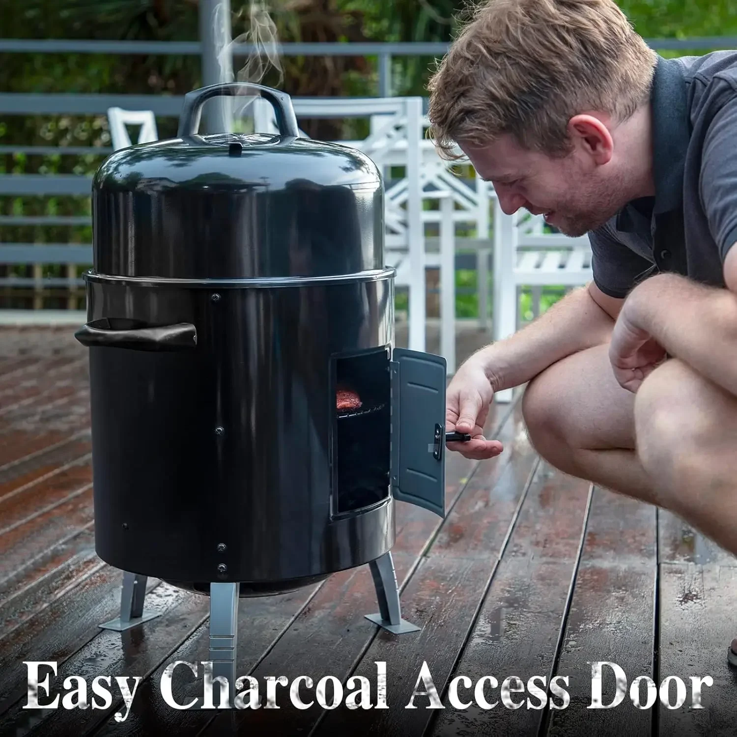 

Vertical Charcoal Smoker Grills with Two-Tier Grates, Heavy-Duty Integral Chamber and Tunnel Ventilation System