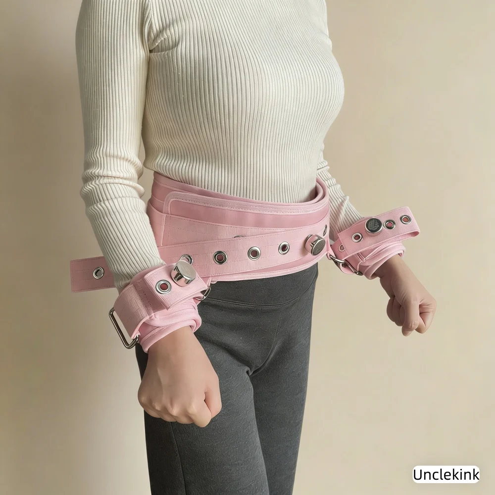 Pink Hand to Waist Restraints Belly Belt with Detachable Wrist Cuffs Clinic Asylum Kits Safety Mania Patient Control