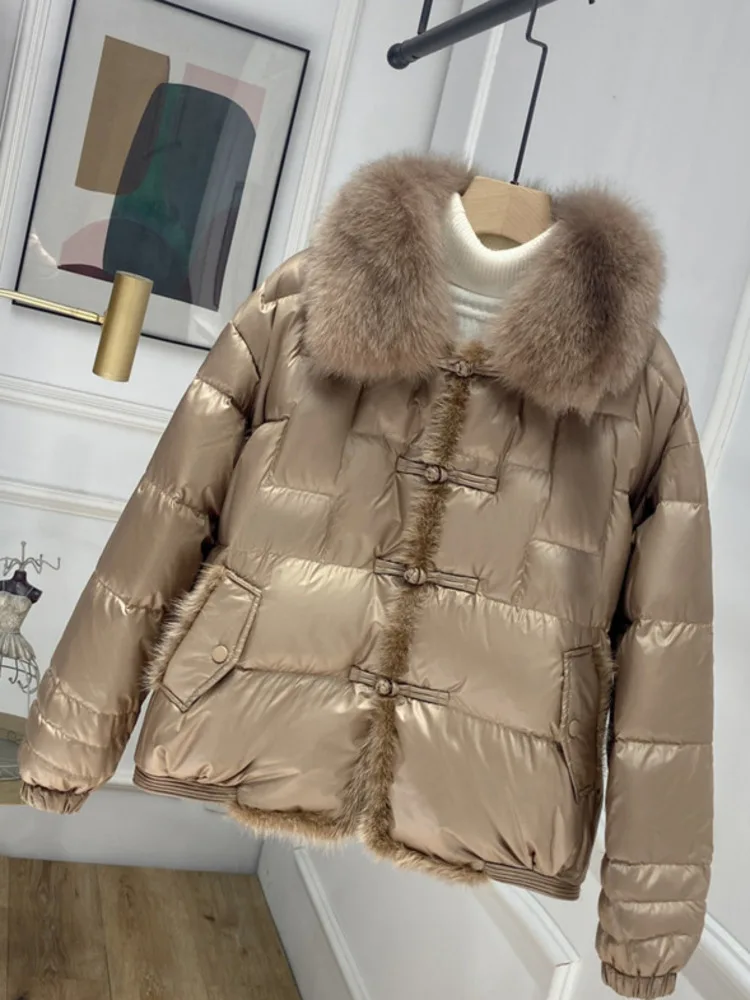 Chaqueta de plumón de pato para mujer, abrigo corto y cálido con cuello de piel de zorro Real, Parka Vintage holgada, 2023