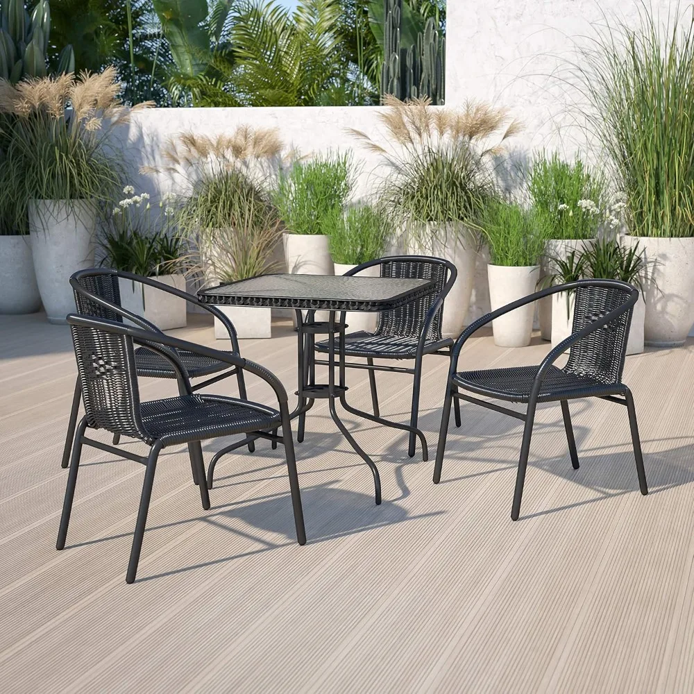 4 Pack Black Rattan Indoor-Outdoor Restaurant Stack Chair with Curved