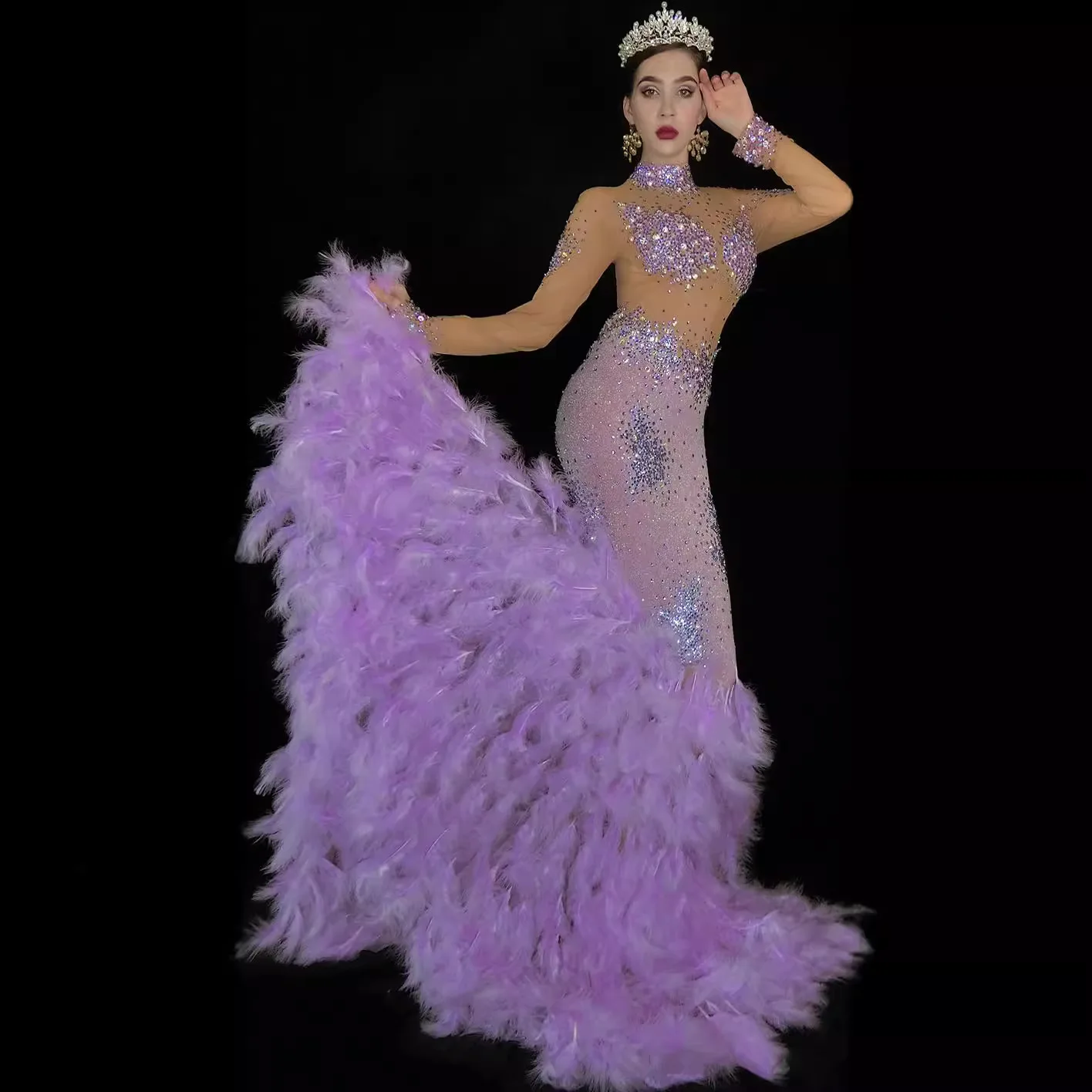 เพชรสีม่วง Feather ชุดผลกําไรในรอบชุด STAGE เครื่องแต่งกายผู้หญิง Vestidos De Fiesta Brillo Vestidos De Fiesta De Lujo