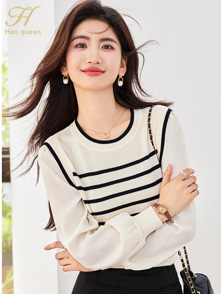 H Han Queen Autumn Winner Fashion Stripe Pullover Sweater Vintage Casual Tops Women Clothing Chic Basic knitted Sweaters