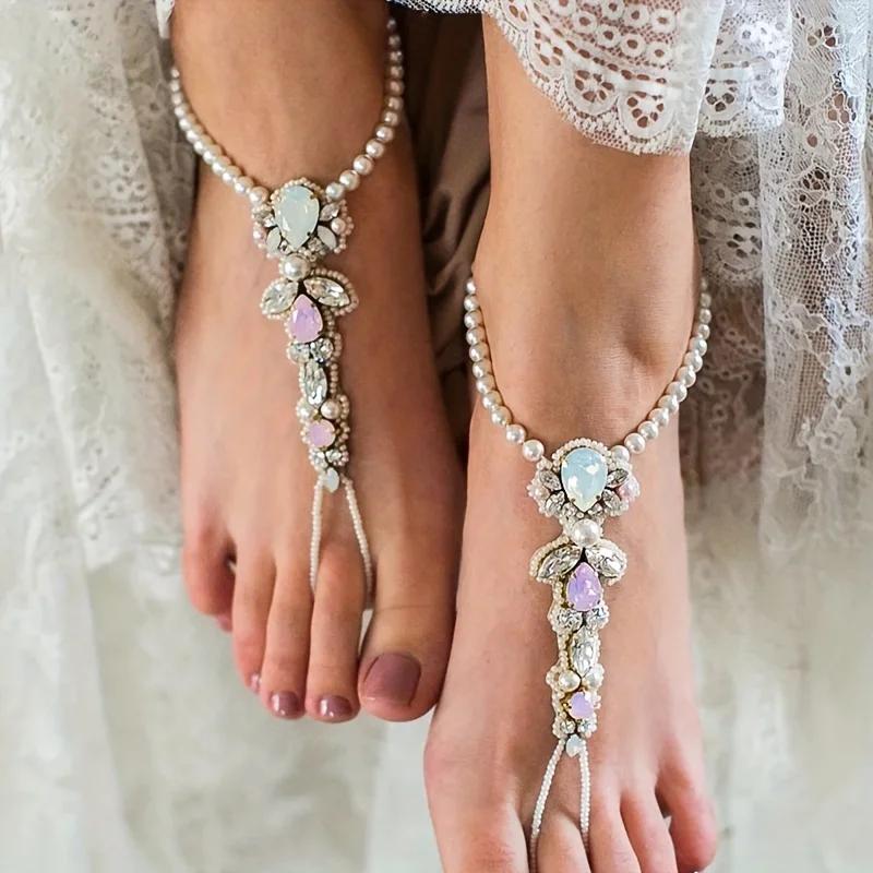 Dvacaman Bohemian Handmade Seed Bead Inlaid Rhinestone Bow Anklets,Bridal Foot Jewelry,Summer Beach Wedding Holiday Jewelry