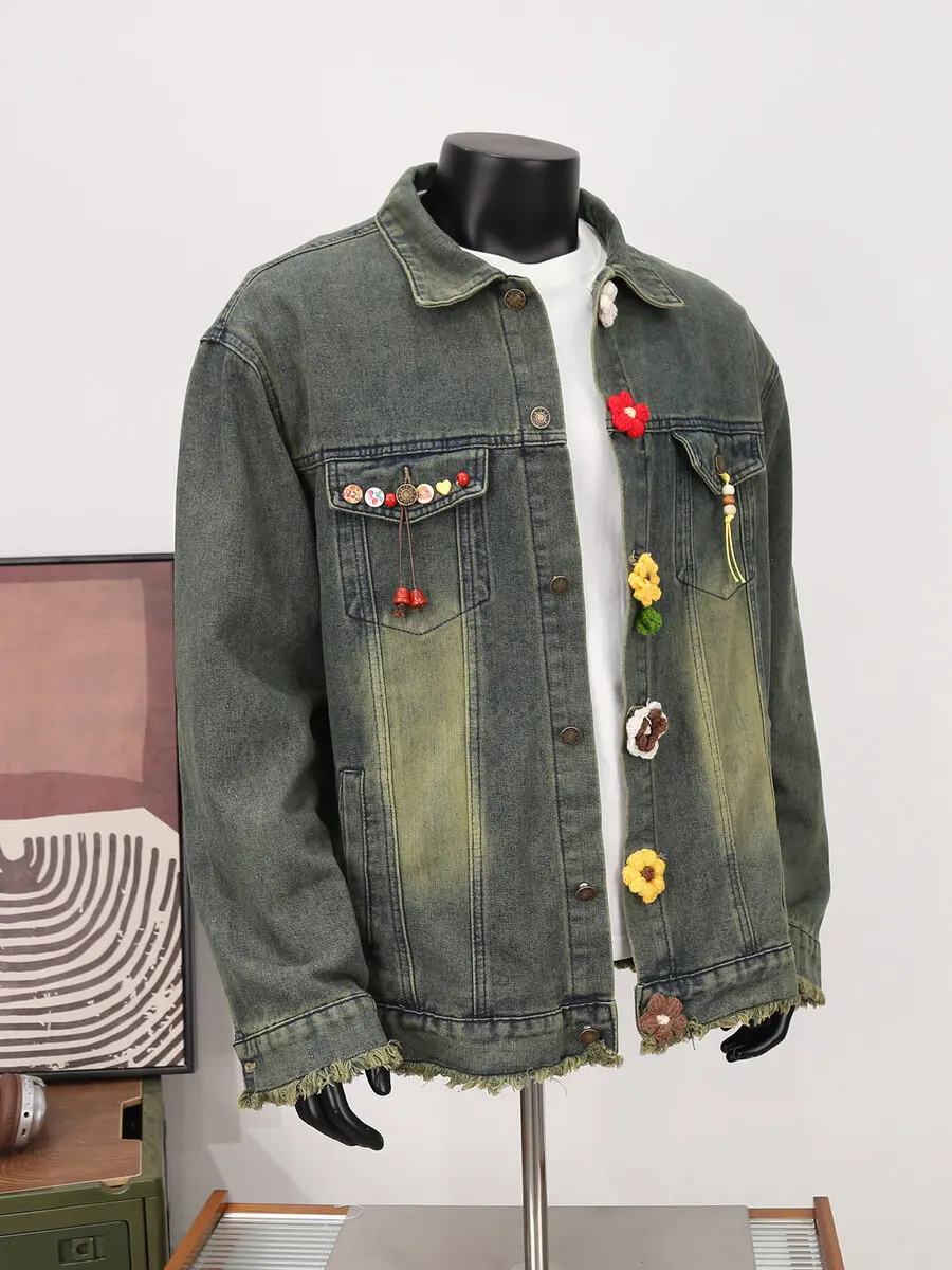 

Waed Hand-Sewn Floral Vintage Denim Jaet ex Streetwear Hip Hop Workwear Yellow Mud Color High Street Sle Jaet