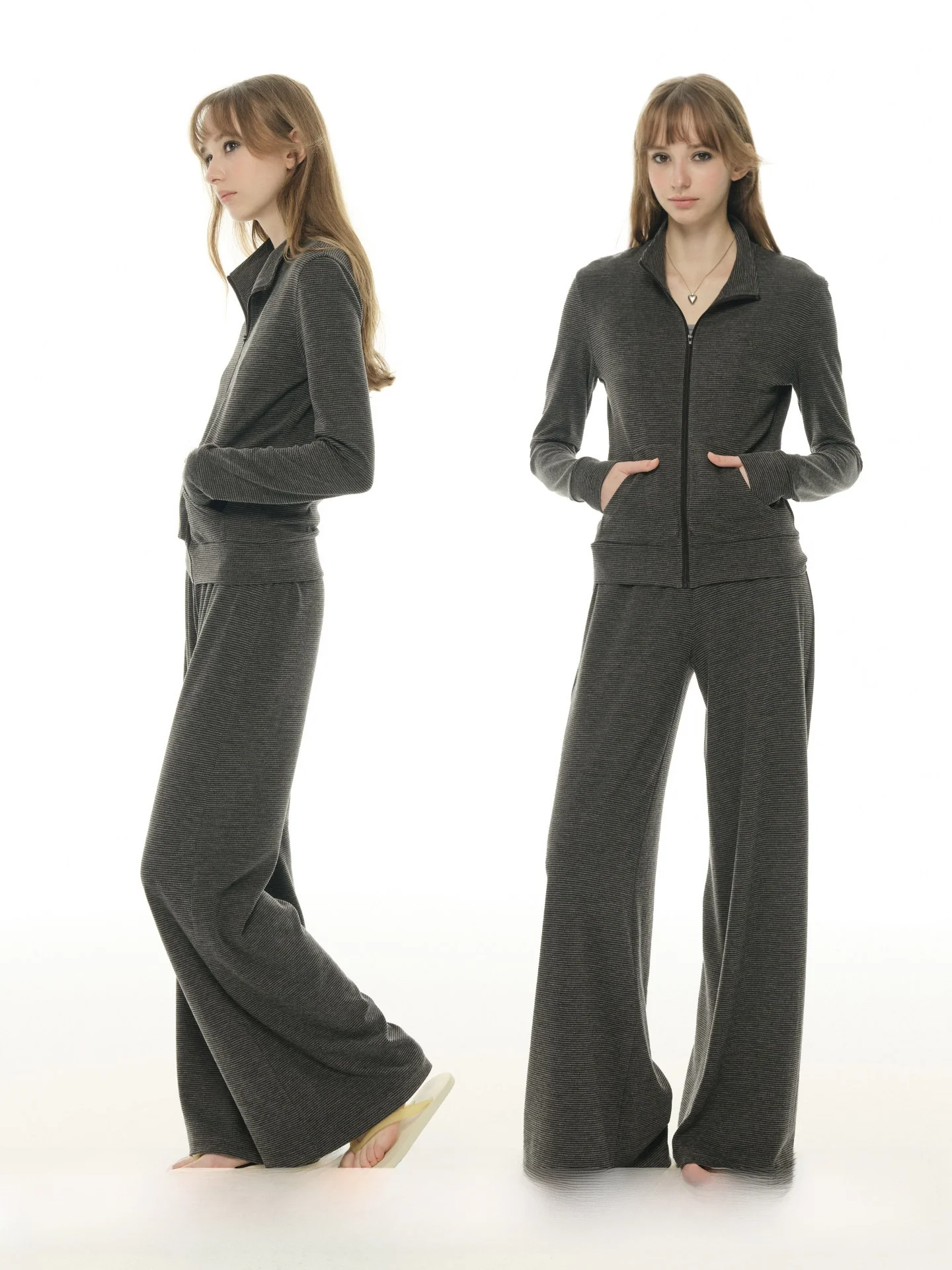 

Casual Sportswear Set Women's Slim Fit Stripe Stand Collar Sweatirt High Waist Long Pants Two Piece Set Spring Autumn