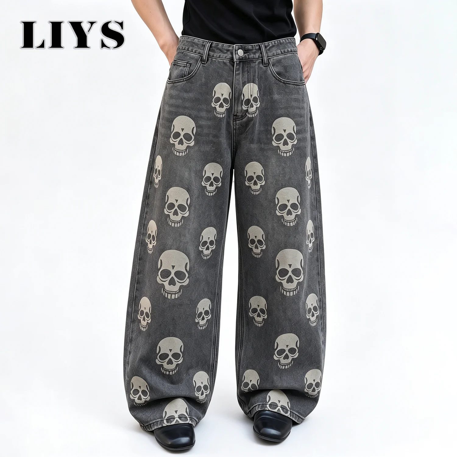 Men Skull Graphic Print Wide Leg Baggy Jeans Vintage Faded Grey Wash Loose Oversized Denim Pants Streetwear Casual Long Trousers