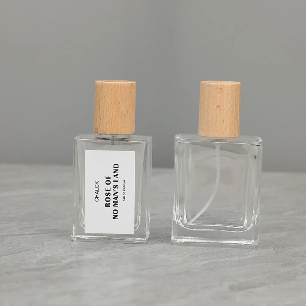 New 30ml Glass Perfume Bottle Square Shape Wood Cap Spray Bottle Clear Glass Cosmetic Container - view 5