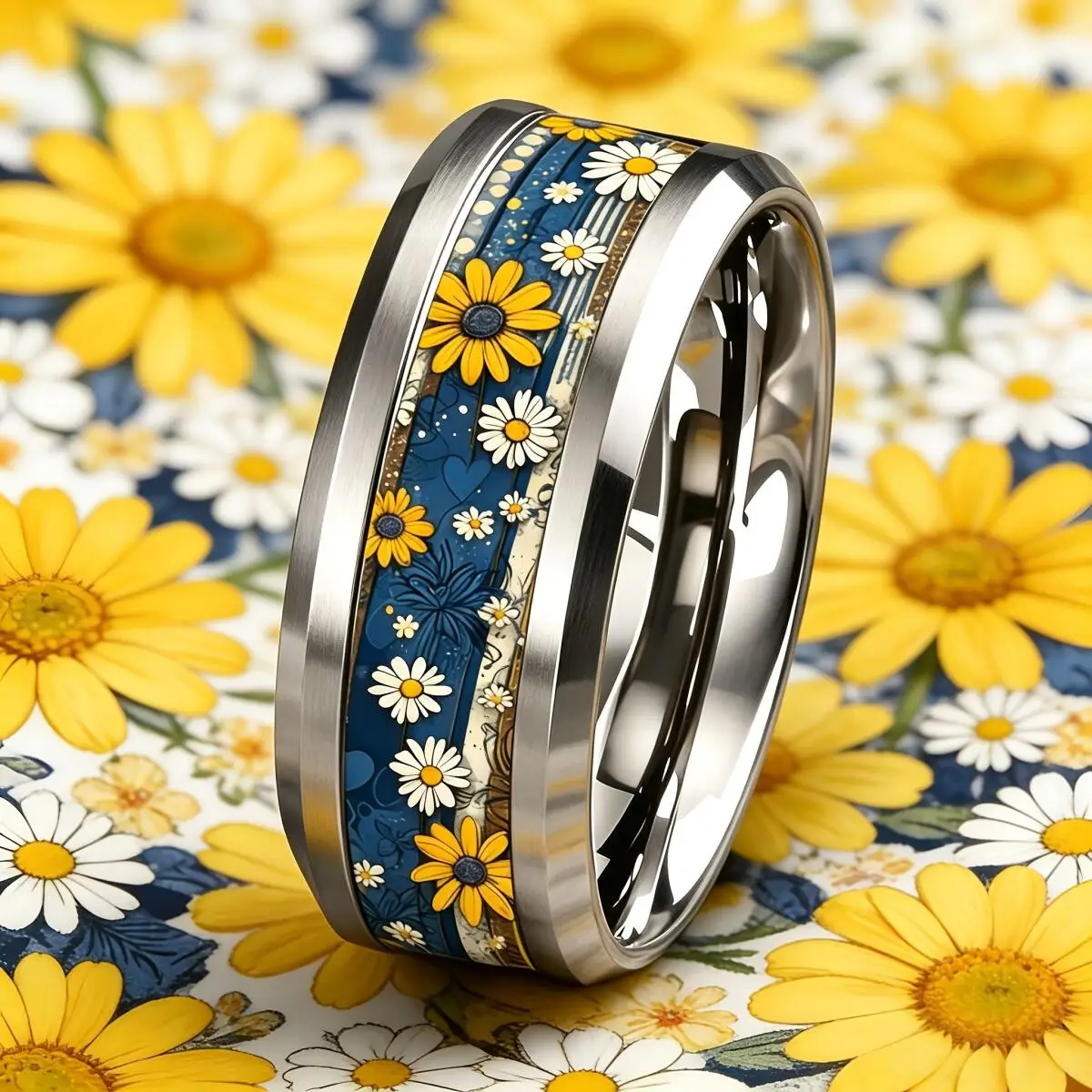 Gifts Wholesale Daily Wear Jewelry Boho Daisy Flower Vintage Yellow & White Ring Elegant Stainless Steel Rings For Women Men