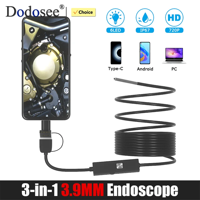 Dodosee 720p Mini Camera for Android Mac Windows 3.9mm HD Endoscope 3 in 1 Car Inspection Camera Pipe Borescope Micro USB Type C