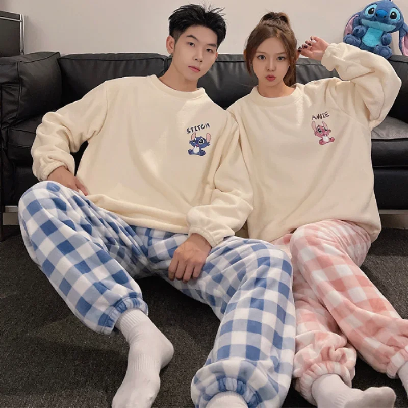 Cartoon Disney couple pajamas winter plush crew neck coral fleece casual two-piece set new men\'s/women\'s Stitch women\'s pajamas