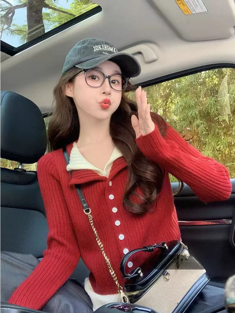 

Red Retro Fake Two-Piece Knitwear Women's Faion Inner Wear Slim Fit Long Sve Soft Comfortable Commute Sle Knitted Card...