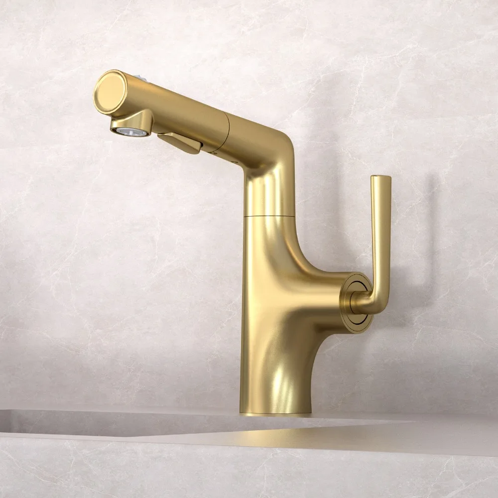Brushed Gold Brass Bathroom Sink Pull Out Faucet Rotating Hot Cold Water Mixer Tap