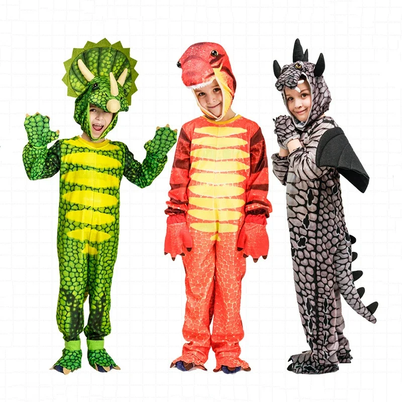 Dinosaur Costume for Kids Boys Realistic T-rex Cosplay with Tail Hooded Onesie Romper Halloween Themed Party Role Play Dress Up