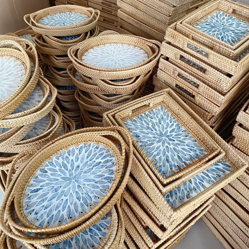 Colorful Shell Rattan Storage Tray Multifunctional Desktop Organizer Fruit Bread Tea Serving Tray Home Decor Display Container