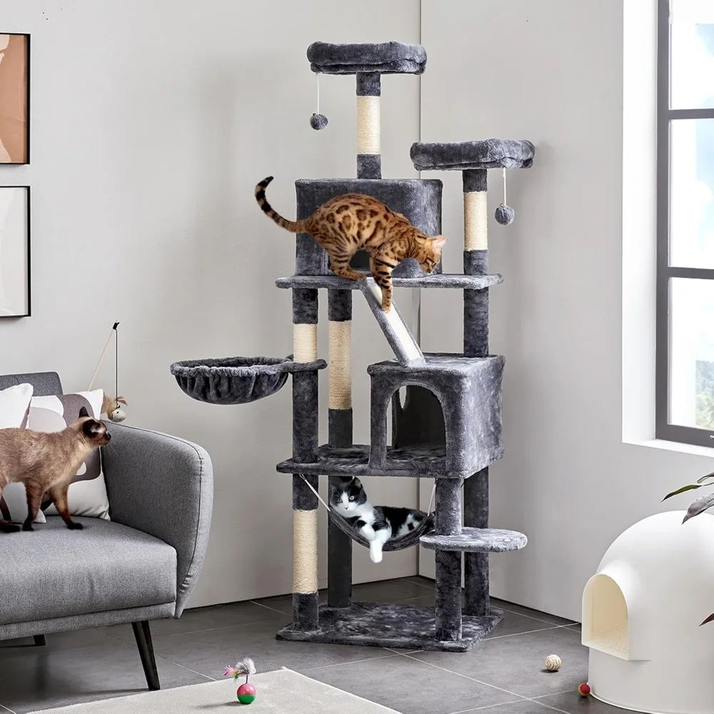 Indoor Cat Tower 71.5 Inches Tall, 2 Cozy Condos, 2 Padded Perches, Scratching Posts, Ramp for Cats
