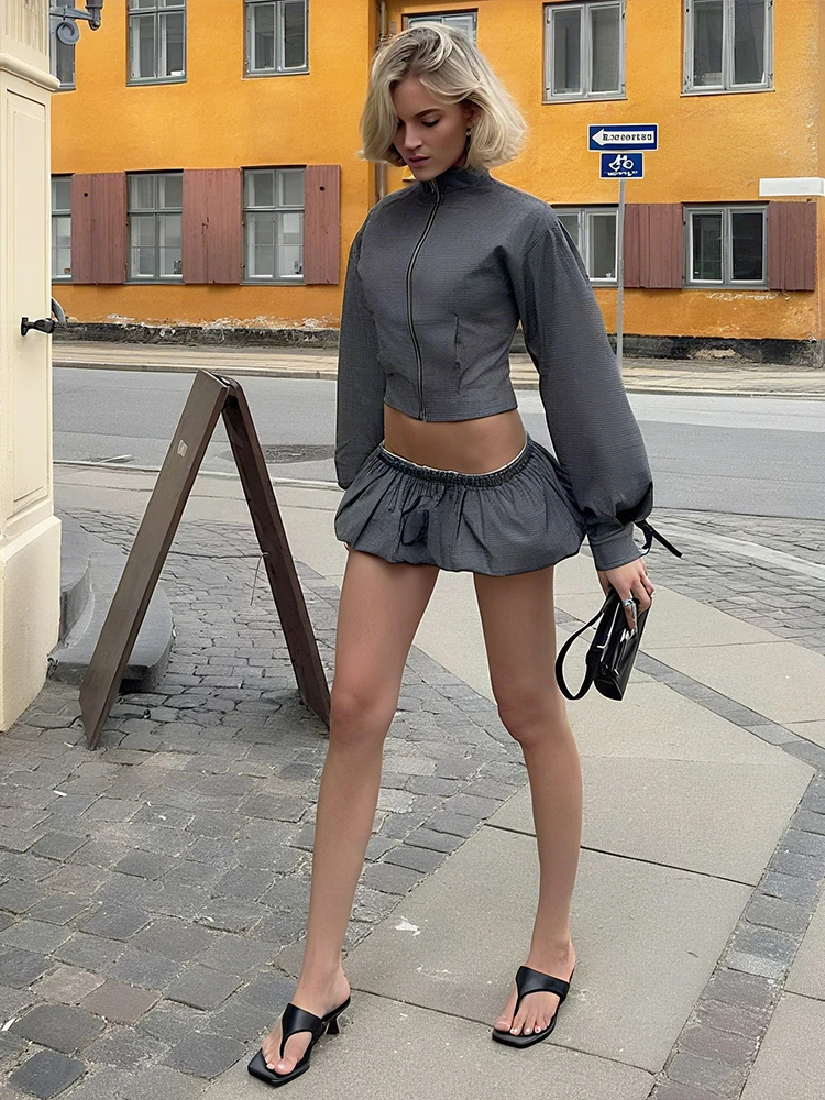 

Weird Puss, повседневный комплект из 2 предметов в полоску, женский осенний новый стиль, кардиган на молнии, куртка с длинными рукавами + мини-юбки с рюшами, уличная одежда