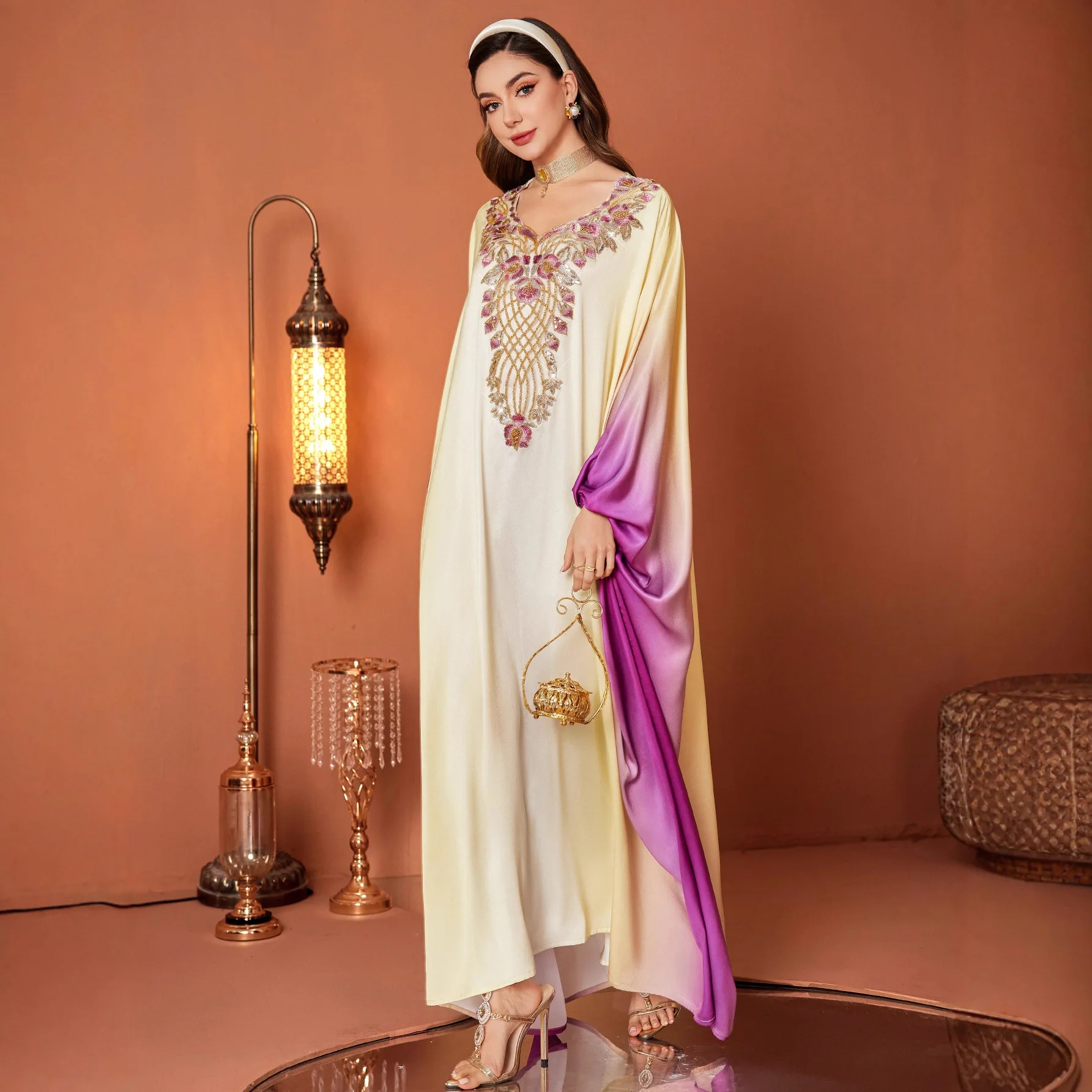 Women Pink Gradient Color Loose Fit Casual Trendy Elegant Luxury Long Batwing Sleeve Ankle Length Abaya Dresses Muslim Jalabiya