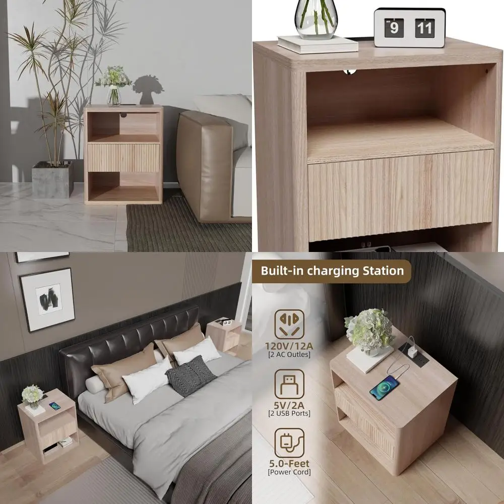 

Современная дубовая тумбочка с зарядной док-станцией, изогнутым рифленым столом с 1 ящиком и 2 полками для спален и гостиной