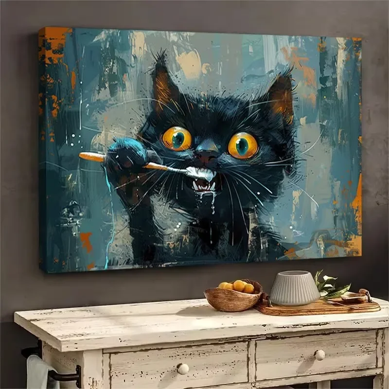 Multiple sizes 1pc frameless Canvas Painting,Funny Cat Brushing Teeth Poster and Prints Canvas Painting Wall Art Pictures Home D
