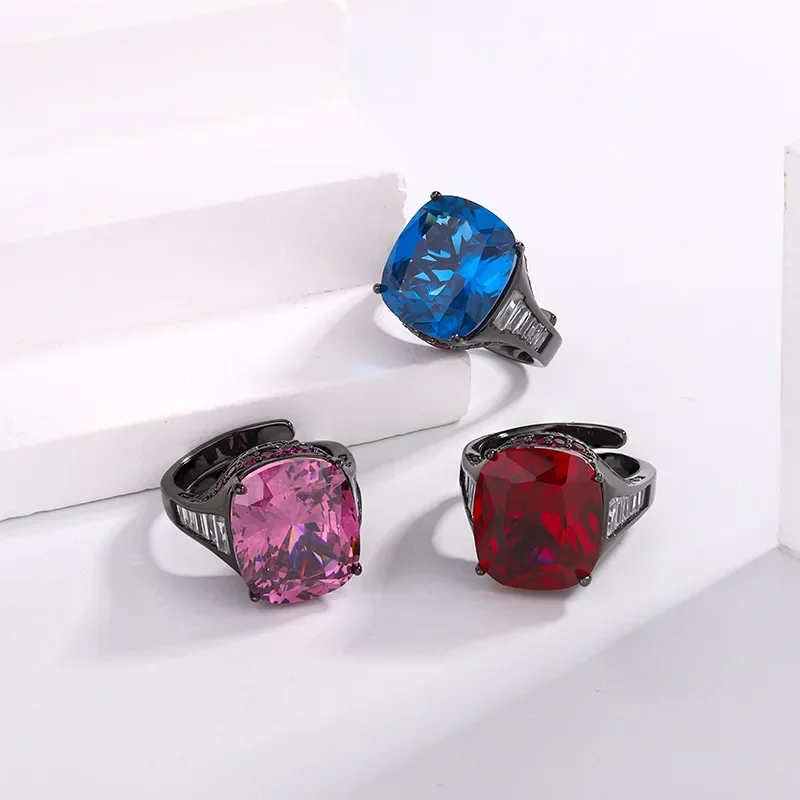 S925 Silver Plated 18K Gold Plated PT950 Platinum Retro Fashion Corundum Fat Square Ring Women's 14*16 Jewelry