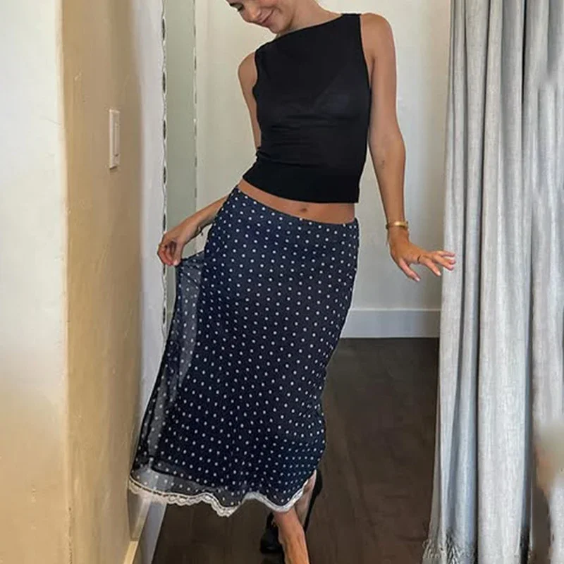 Mesh Polka Dots Long Skirt Women's Contrast Patchwork High Waist Skirt Summer Female Fashion Elegant Loose Skirt 2025