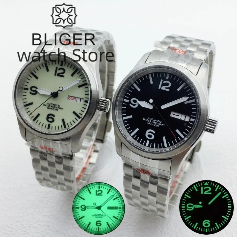 BLIGER Luxury Mechanical Men\'s Pilot Watch NH36A 36mm/39mm 316L Stainless Brushed Case Sapphire Glass Luminous Dial Waterproof