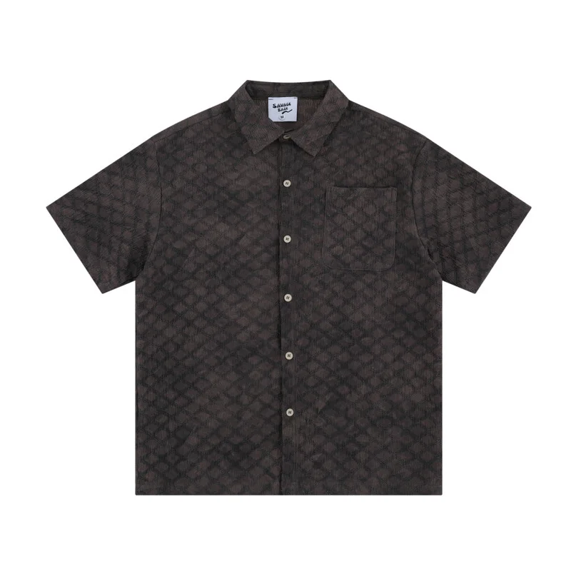 

2025 Wildman Base Summer New Style American Retro Loose Fashion Simple Grid Collar Short Sleeve Shirt Top for Men YR9968