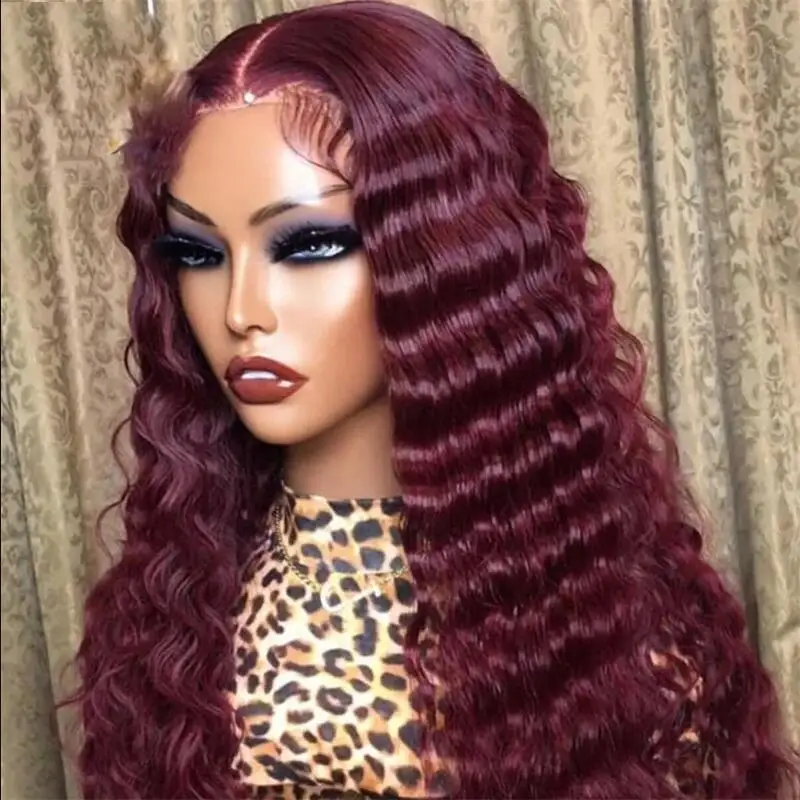 BabyHair-Peluca de encaje frontal para mujer, pelo largo Natural, suave, color rojo vino, 26 ", 180de densidad, onda profunda, resistente al calor, prearrancado, diario, sin pegamento