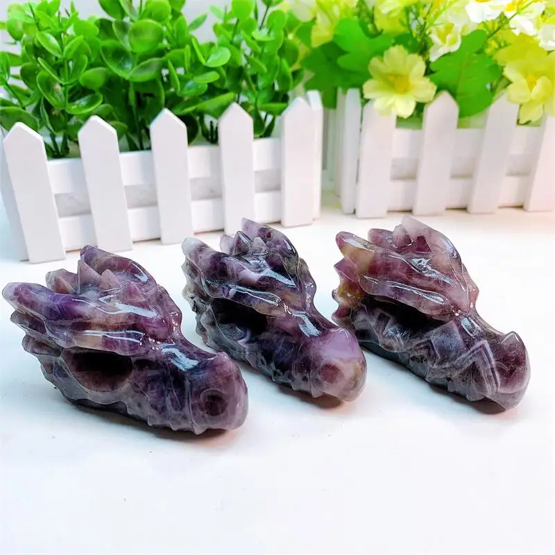 Natural Dream Amethyst Dragon Head Skull Healing Polished Quartz Crystal Figurine Holiday Gift Home Room Decoration 1PCS