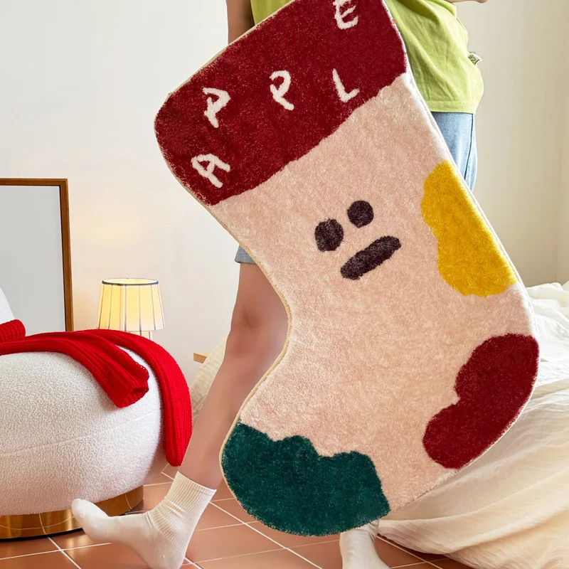 Christmas Stocking-shaped Mat Faux Cashmere Irregular Carpet Room Decor Non-slip Mat Bedside Rug Kids Christmas Holiday Gift