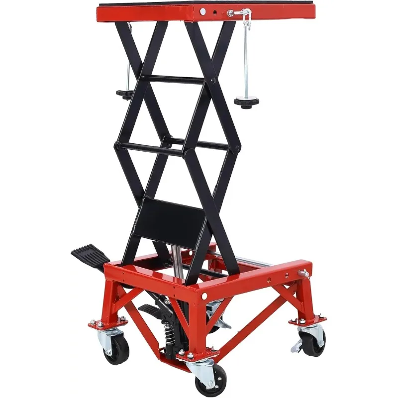 300 lbs Hydraulic Motorcycle Scissor Jack Lift, Small Dirt Bikes ATV Lift Hoist Hydraulic Foot-Operated Stand Lift, 4 Wheels, Re