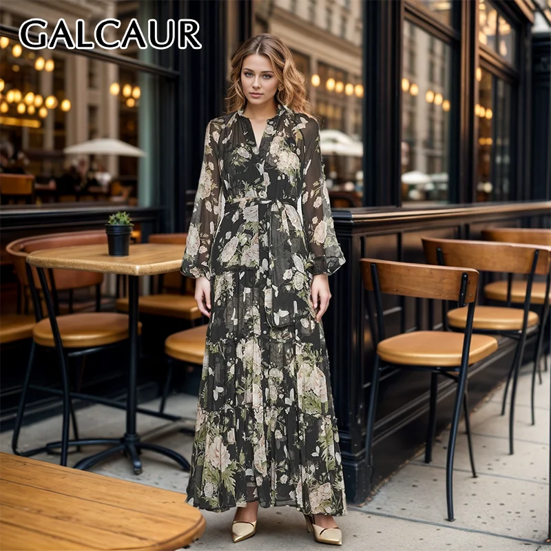 

GALCAUR Floral Printing Elegant Dresses For Women Stand Collar Lantern Sleeve High Waist Patchwork Lace Up Long Dress Female New