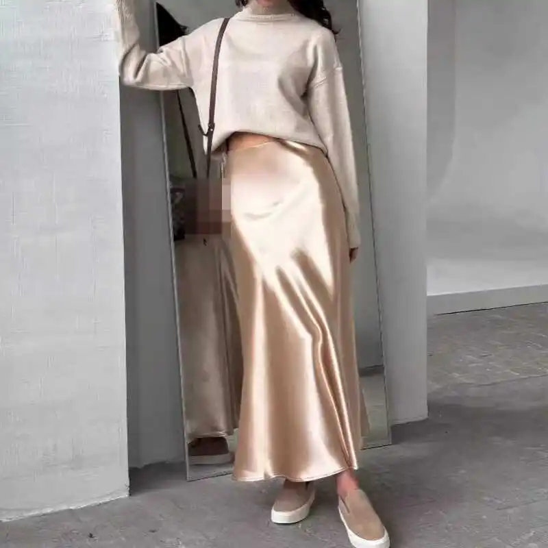 

Spring Summer High Waist Slimming Midi Length Satin f Body Skirt Hip Wrap Fi Tail Long Dr Women's Commute Sle A-Lin...