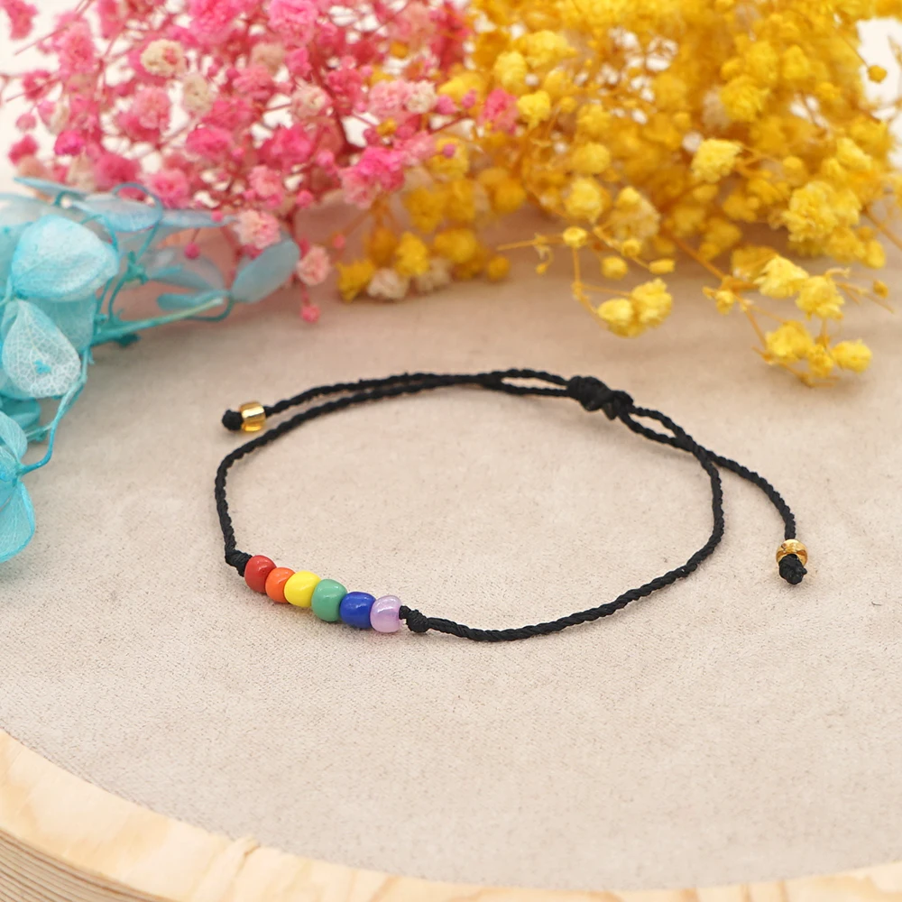 Go2Boho Rainbow Beads Black String Friendship Beaded Bracelet Surf Boho Jewelry Gift For Lover Friend Family Kids
