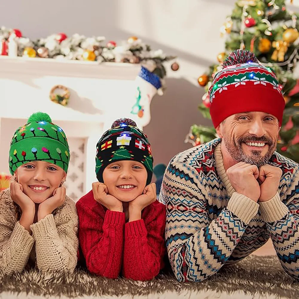 Gorro de punto con luz LED para niños y adultos, suéter de nieve con luces, suministro para fiestas de Navidad, 1/2/5/10/20 piezas