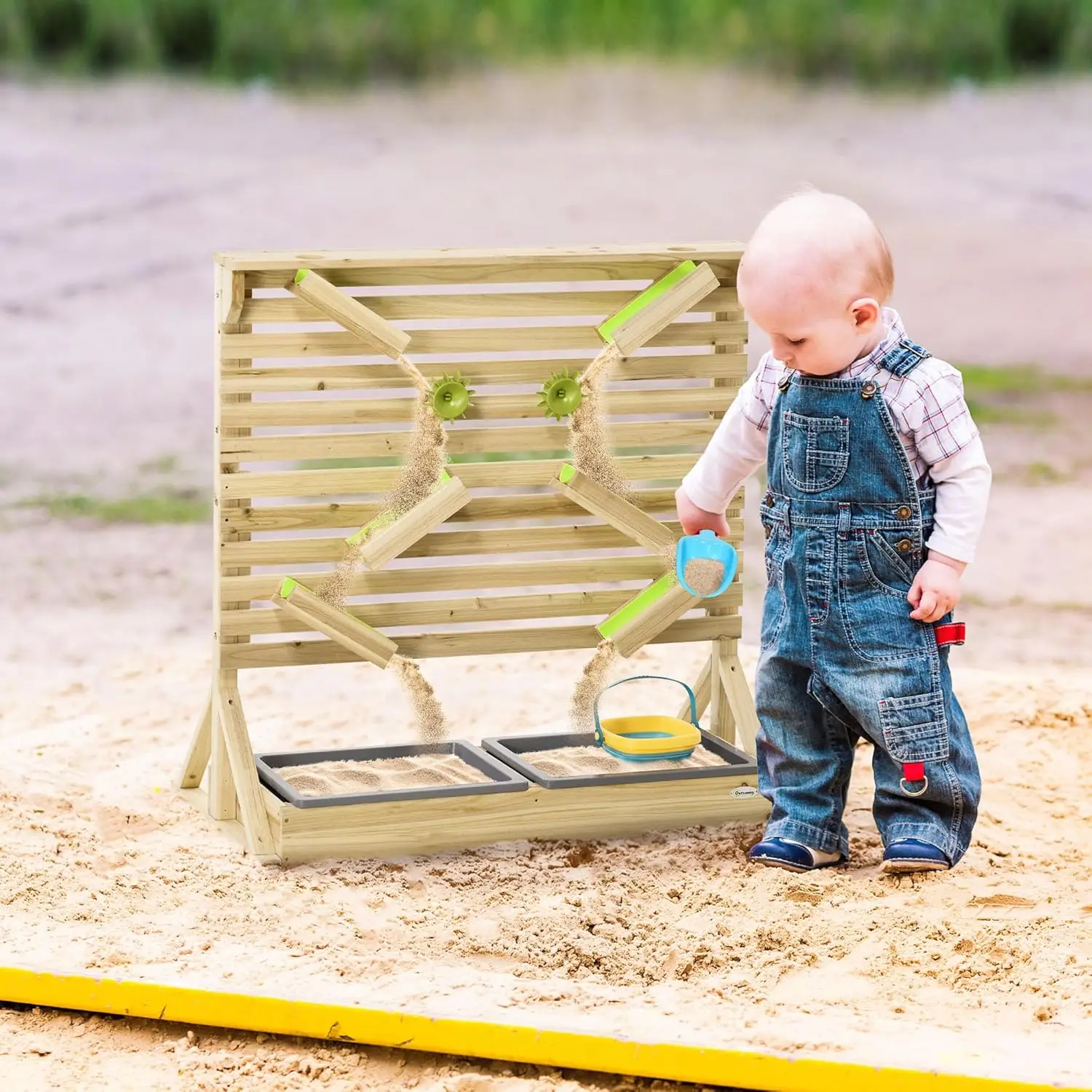 18Pcs Sand and Water Playset for Kids, Wooden Sandbox with Rearrangeable Falling Network Maze, Baby Sensory Toy Outdoor Toys