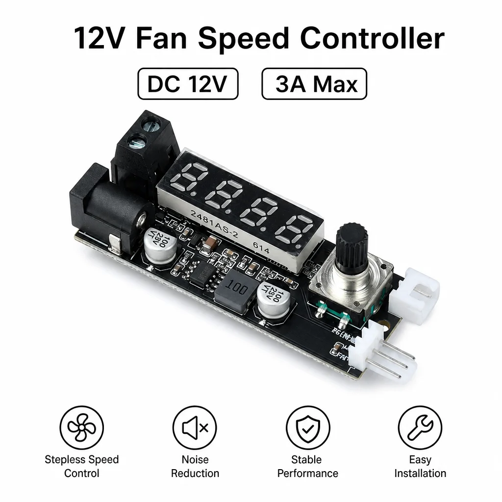 DC 12V 3A Fan Speed Controller 2-Wire/3-Wire Digital Display Speed Controller with Temperature/RPM Display Output Voltage