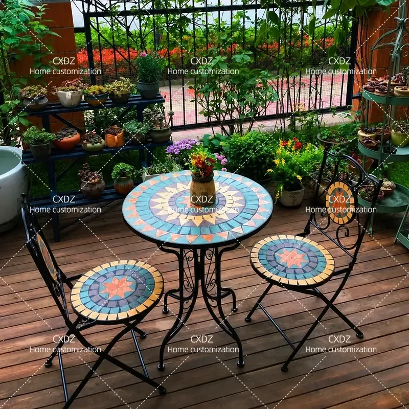 Outdoor Mosaic Wrought Iron Table and Chairs Set 3 Piece Folding Cafe Furniture for Balcony Courtyard Garden Patio