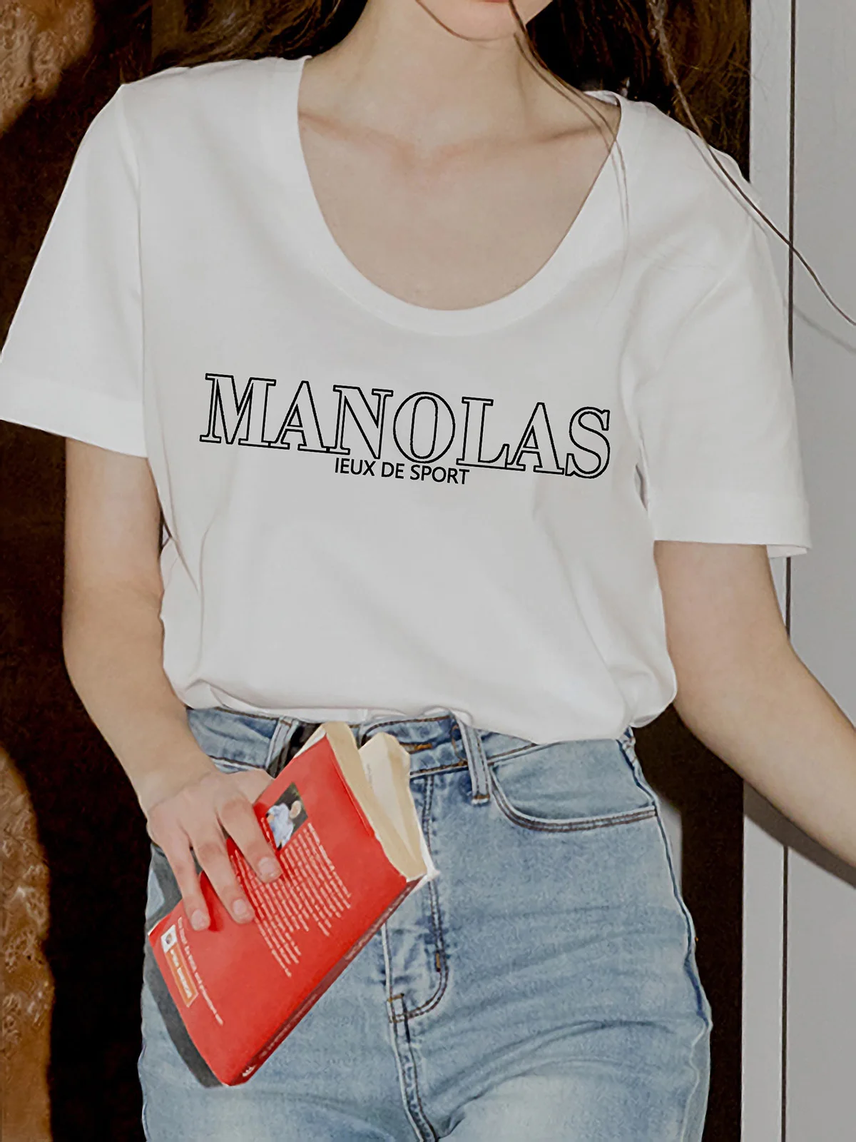 Combed Cotton U-Neck Short Sleeve Women's T-Shirt Pure White Large round Neck Print Top Sexy Low-Neck Commute Style Korean Ve...
