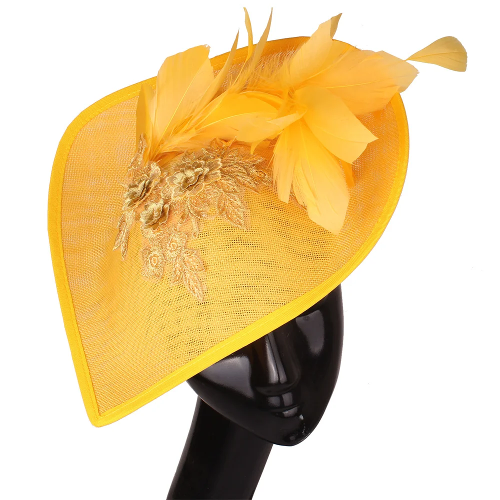 

Big Yellow Fascinator Hat For Wedding Occasion Women Headpiece Lace Flower Millinery Caps With Fancy Feather Hair Accessories