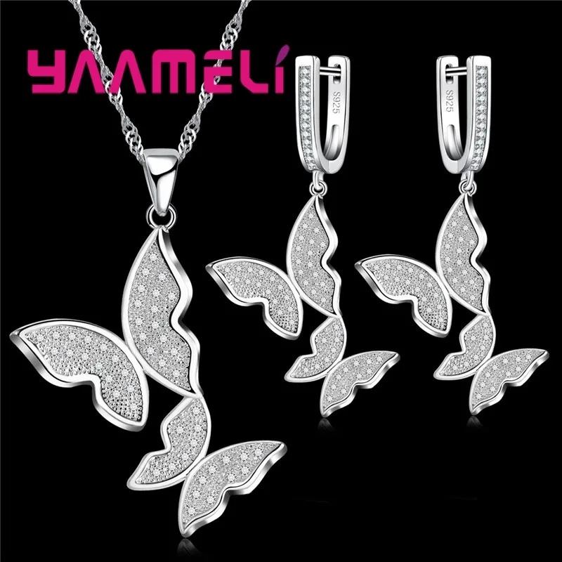 

New Trendy Beautiful Butterfly Set Gift for Girl Jewelry Sets 925 Sterling Silver Crystal Necklace Pendant Drop Earring