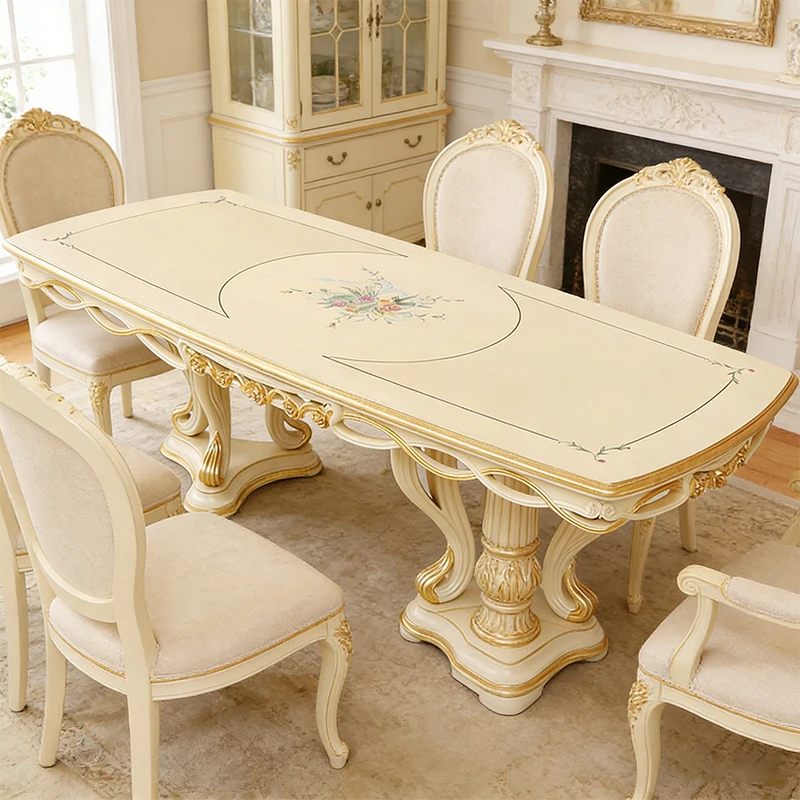!@High End French Eco-Friendly Solid Wood Luxury Long Dining Table Set 6 Seater White for Villa Home Furniture