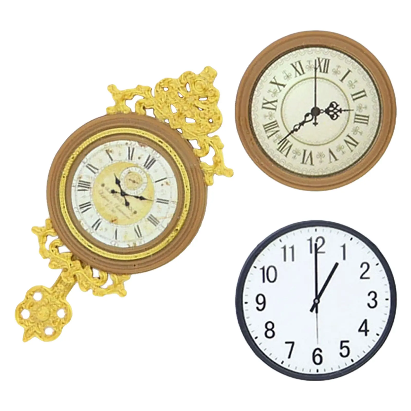 

3Pcs Vintage European Style Wall Clock Miniature Decorative Dollhouse Accessories Living Room Furniture Retro Pendulum