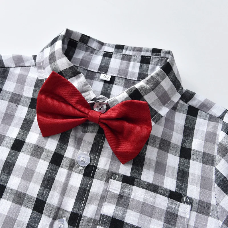 top and top Autumn Winter Kids Boys Formal Clothing Set Long Sleeve Plaid Bowtie Shirts+Suspenders Pants Children Formal Suits